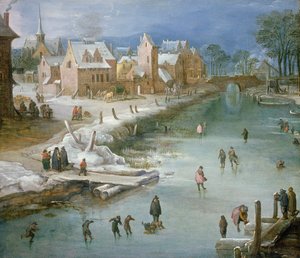 Patineurs sur une rivière gelée à côté d